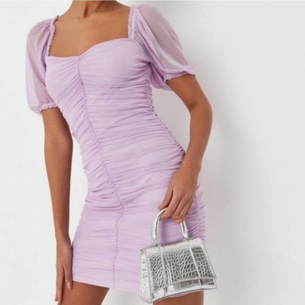 Missguided Organza Milkmaid Mini Dress Purple Sz. 0 Short Sleeve Puff